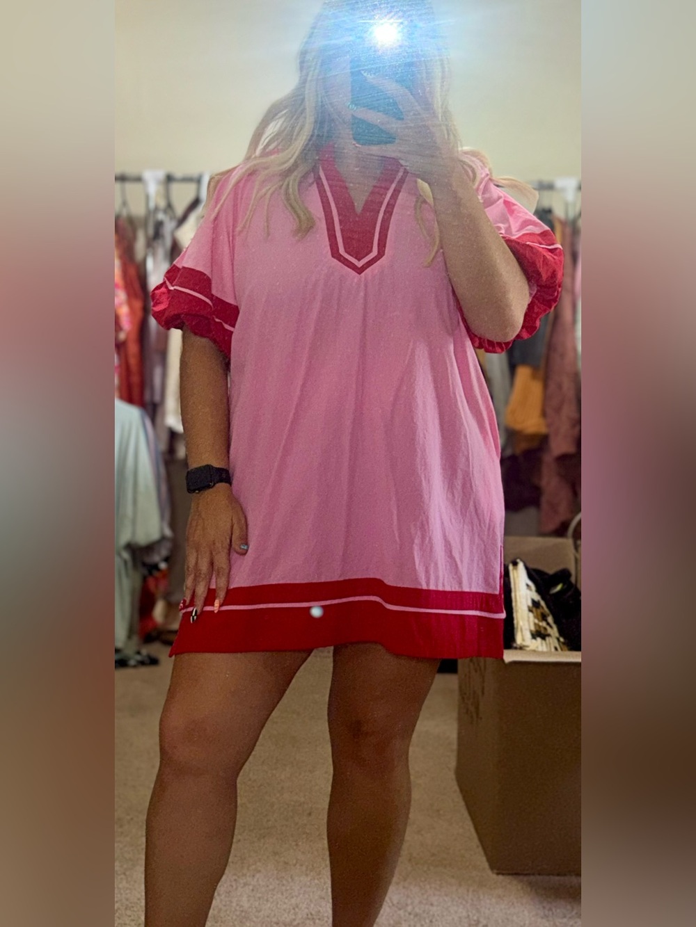 Pink Dress with Red Trim and Puff Sleeves